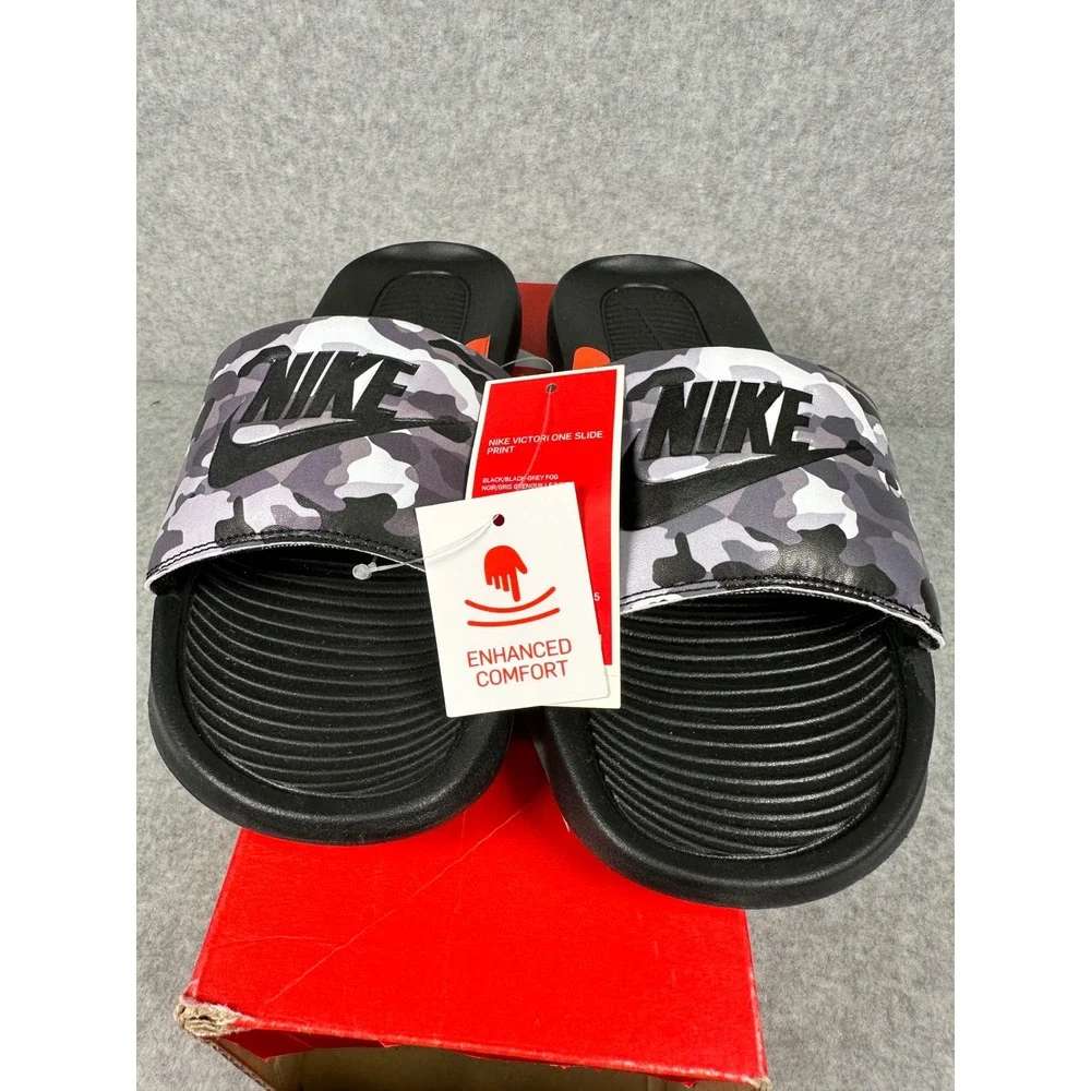 Nike Victori One Slide Print Mens Size‎ 8 Black Grey CN9678-001 NEW
